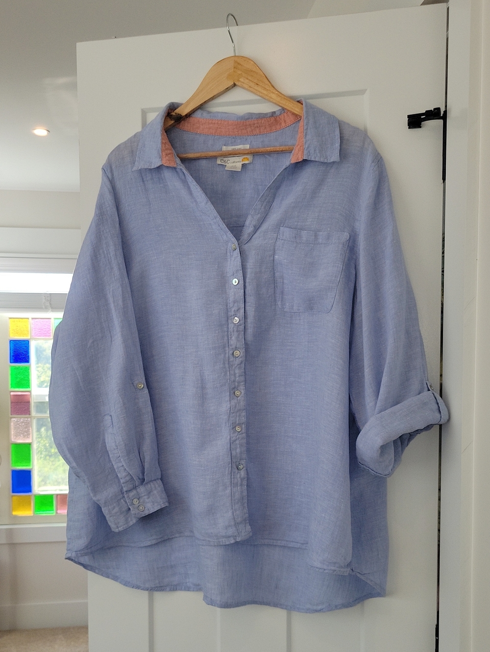 C&C California Light Blue Linen Button-Down with Contrast Collar